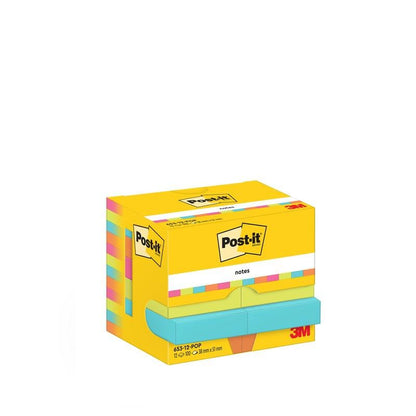 Żółte pudełko z karteczkami samoprzylepnymi Post-it® z kolekcji Poptimistic firmy 3M Deutschland GmbH zawiera 12 bloków po 100 kartek (38 mm x 51 mm), ma kolorowe krawędzie i jest certyfikowane przez PEFC w opakowaniu kartonowym (SGSCH-PEFC-COC-110078).