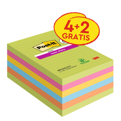 Opakowanie dużych karteczek samoprzylepnych Post-it® Super Sticky, 101 x 152 mm, w linie, w różnych kolorach. Zawiera 4 bloki + 2 gratis (90 kartek/blok), karteczki o dużej przyczepności, od 3M Deutschland GmbH, 100% certyfikowane przez PEFC.