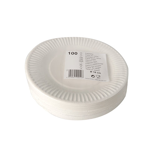 Stos talerzy Starpak 100, papierowe, okrągłe, białe, z karbowanym brzegiem i etykietą z kodem kreskowym, wskazującą 100 talerzy o średnicy 23 cm każdy.