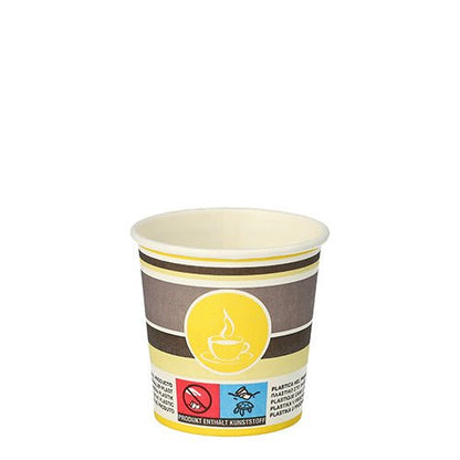 Kubek Starpak „To Go” z papieru, 0,1 l (Ø 6 cm), prezentuje brązowo-żółty wzór z symbolem filiżanki, ostrzeżeniami na dolnym brzegu i prostym białym tłem. Opakowanie zawiera 80 sztuk.