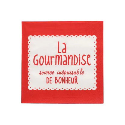 PAPSTAR 20 Servietten, 33x33 cm, 3-lagig, rot: Rote Servietten mit weißer Mitte und französischem Aufdruck "La Gourmandise source inépuisable DE BONHEUR" in Rot. Hochwertige Qualität von PAPSTAR GmbH - ideal für besondere Anlässe.