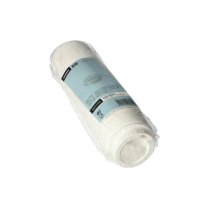 Na zdjęciu znajduje się plastikowe opakowanie z 50 białymi pokrywkami Starpak 50 Dom-Deckel PS „To Go“ (okrągłe, Ø 6 cm, 2 cm) z niebieską etykietą Starpak na białym tle – idealne do opakowań na wynos.