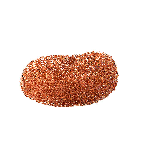 Miedziany zmywak Starpak 10, okrągły (Ø 9 cm, 3 cm wysokości), wyróżnia się trwałym, gęsto tkanym designem i skutecznie czyści garnki oraz patelnie. Zawiera 10 sztuk w folii.