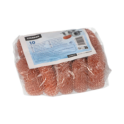 Przezroczyste opakowanie z tworzywa sztucznego zawiera 10 miedzianych zmywaków Starpak, okrągłych Ø 9 cm · 3 cm, każdy solidny do efektywnego czyszczenia, z niebiesko-białą etykietą z informacjami o produkcie i kodem kreskowym.