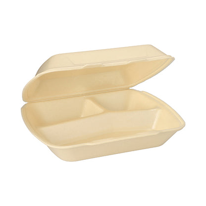 Beżowe, prostokątne pudełko Starpak z pokrywką (XPS, 3-przedziałowe, 7,5 x 24,3 x 20,8 cm) jest otwarte i puste, pokazując trzy przegródki wewnątrz.