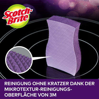Die Nahaufnahme eines Scotch-Brite™ Glaskeramik-Reinigungsschwammes der 3M Deutschland GmbH zeigt die Mikrostruktur der Oberfläche zur kratzfreien Reinigung von Glaskeramik-Kochfeldern. Die Packung enthält 1 Stück.