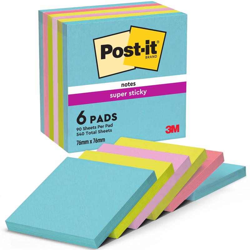 Opakowanie karteczek samoprzylepnych 3M Post-it® Super Sticky Notes (76mm x 76mm), 6 bloków po 90 arkuszy każdy (540 łącznie), kolorystycznie posortowane, 100% certyfikowane przez PEFC.
