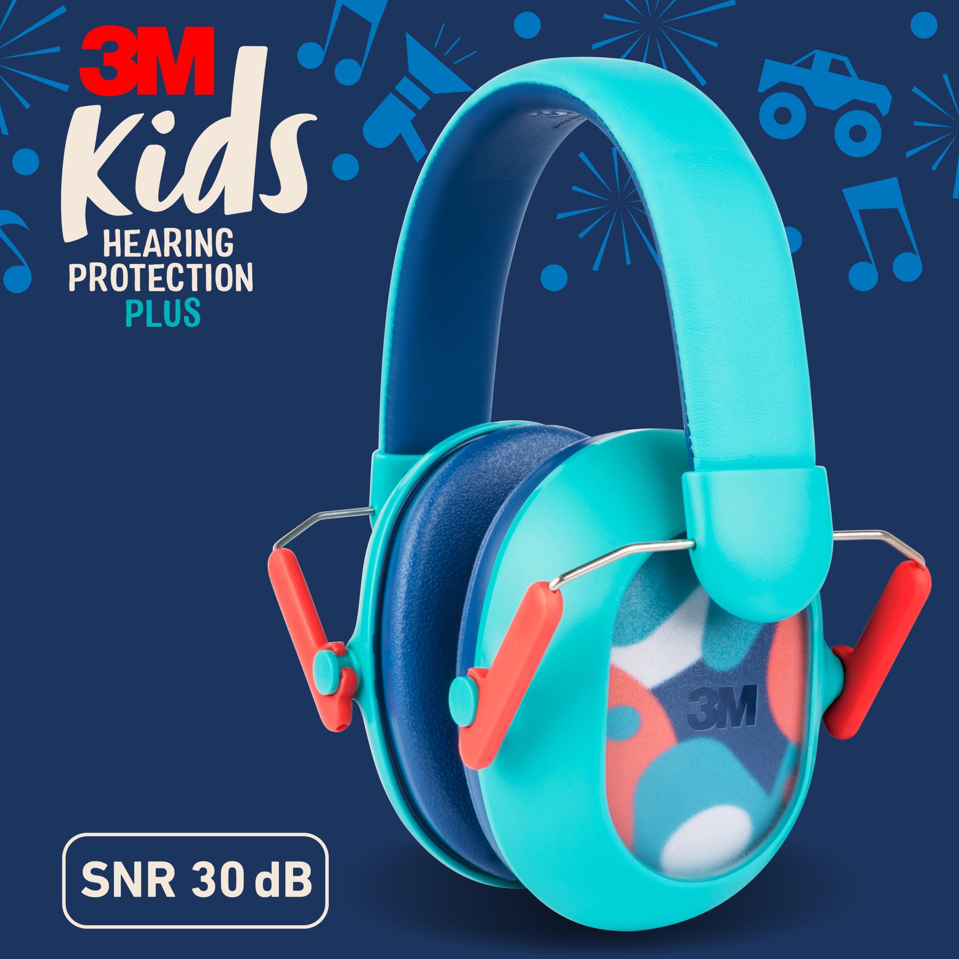 Ein türkisfarbener 3M™ Gehörschutz für Kinder PKIDSP-TEAL-E (87-98 dB) von 3M Deutschland GmbH mit roten Einstellern ist auf einem blauen Hintergrund mit Musiknoten und Spielzeugsymbolen abgebildet. Text: "Kinder Gehörschutz Plus, SNR 30 dB.