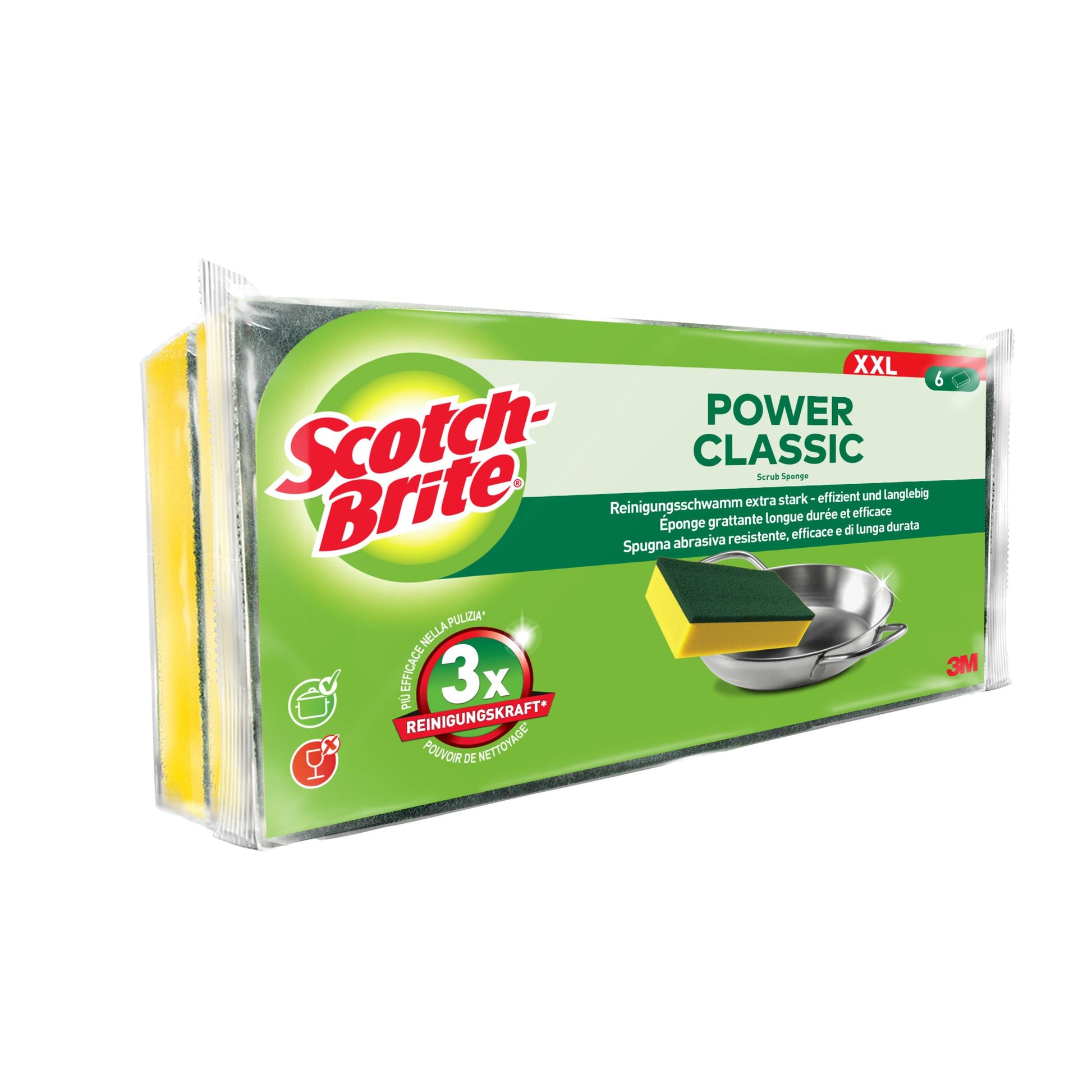 Der Scotch-Brite® Classic Reinigungsschwamm XXL von 3M Deutschland GmbH kommt im 6er-Pack mit grünen und gelben Schwämmen in extra starker Ausführung, langlebigem Design und 3-facher Reinigungskraft. Die Verpackung zeigt eine saubere Metallpfanne.