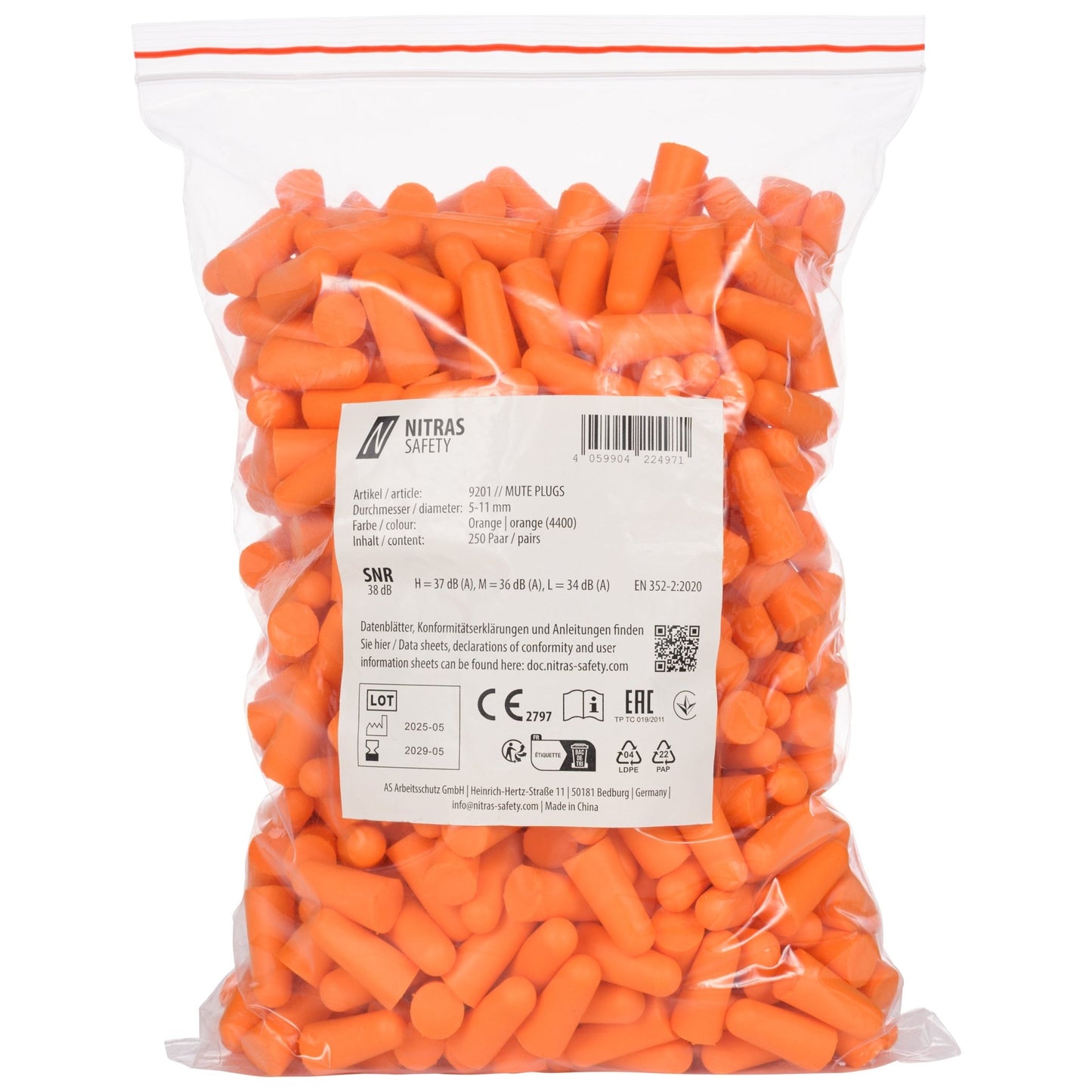 NITRAS MUTE PLUGS, zatyczki do uszu, pomarańczowe, EN 352-2, 250 par / torebka foliowa PU | Opakowanie (1 szt.)