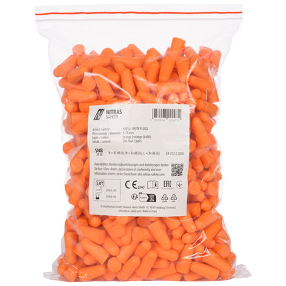 NITRAS MUTE PLUGS, zatyczki do uszu, pomarańczowe, EN 352-2, 250 par / torebka foliowa PU | Opakowanie (1 szt.)
