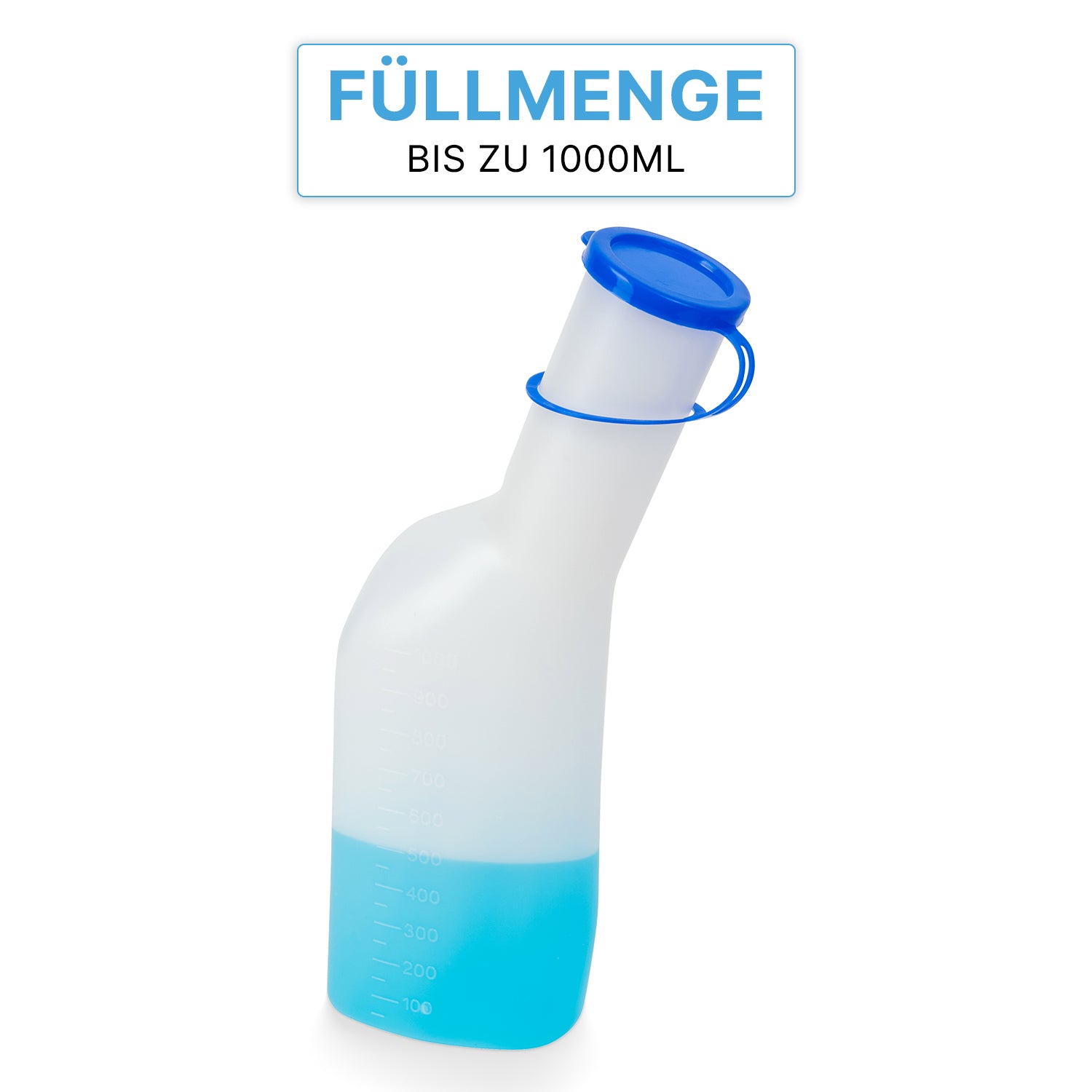 Die ARNOMED Urinflasche ECO Herren (von ARNOWA GmbH) ist ein hygienisches, praktisches Herrenurinal mit blauem Deckel, transluzentem Design, gekennzeichnet mit "Füllmenge bis zu 1000ml", ideal für den Pflegebedarf.