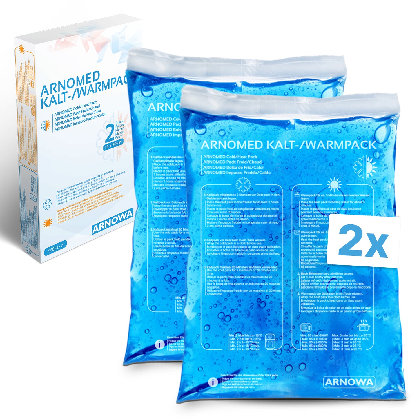 Zwei blaue ARNOMED KALT-/WARMPACK Wiederverwendbare Kalt-/Warm-Kompressen der ARNOWA GmbH sind vor ihrer Verpackung abgebildet, die eine Produktinformation und ein "2x"-Symbol enthält - ideal zur Schmerzlinderung.