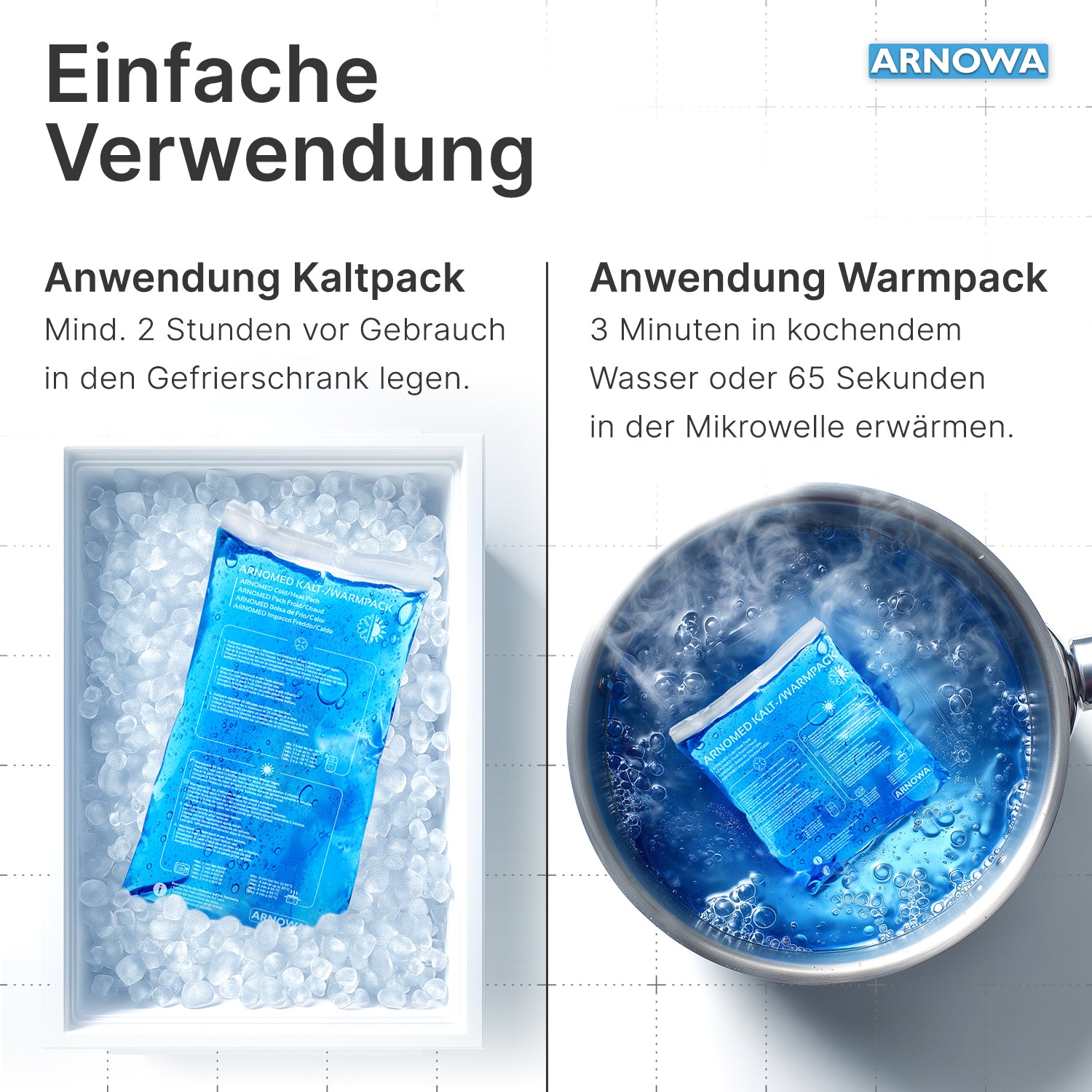 Das ARNOMED KALT-/WARMPACK von ARNOWA GmbH wird links im Eisbad gekühlt und rechts im heißen Wasser erwärmt; über den Bildern stehen deutsche Anwendungshinweise zur Schmerzlinderung.