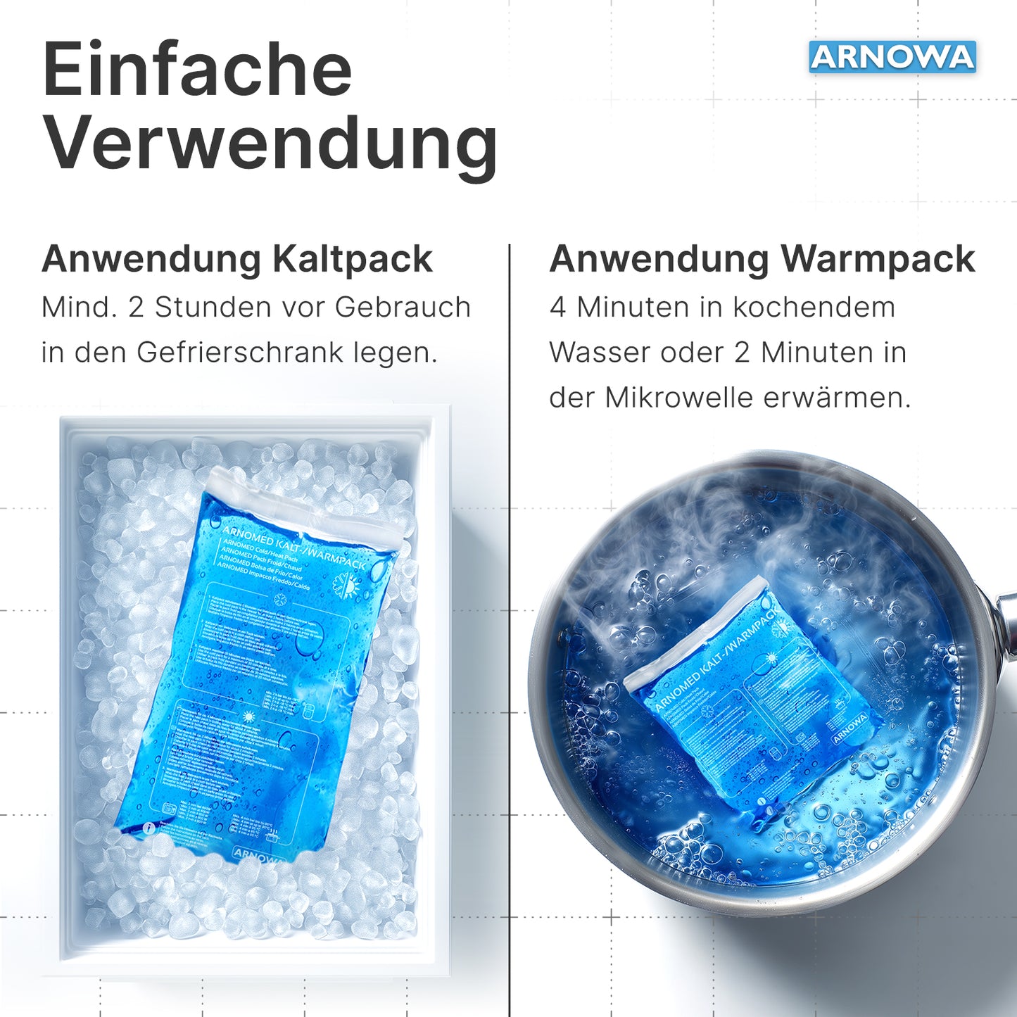 Ein ARNOMED KALT-/WARMPACK von ARNOWA GmbH kühlt in einer Eiswürfelschale, ein weiteres wird im Topf erhitzt - ideal für flexiblen Kälte- und Wärmeanwendung. Oben rechts ist das blaue ARNOWA-Logo sichtbar.