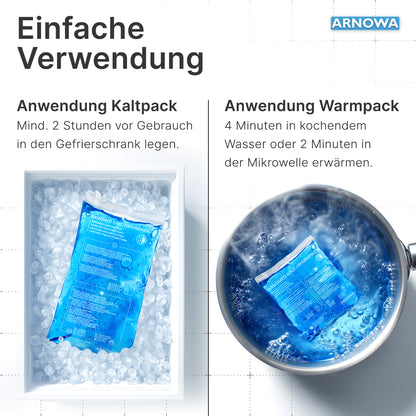 Ein ARNOMED KALT-/WARMPACK von ARNOWA GmbH kühlt in einer Eiswürfelschale, ein weiteres wird im Topf erhitzt - ideal für flexiblen Kälte- und Wärmeanwendung. Oben rechts ist das blaue ARNOWA-Logo sichtbar.