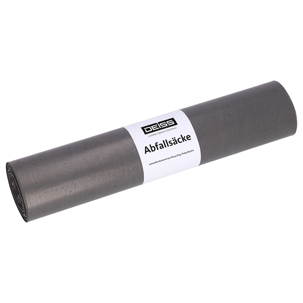 Abgebildet ist eine DEISS 94030 Müllsackrolle (340+300x740x0,05 mm, grau, 25 Stück) der EMIL DEISS KG (GmbH + Co.) mit einem weißen Etikett mit der Aufschrift "DEISS Abfallsäcke" auf einfarbig weißem Hintergrund.