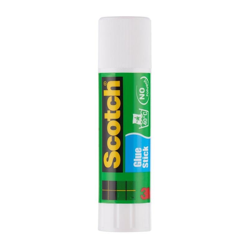 Klej w sztyfcie Scotch® Permanent od 3M Deutschland GmbH, przedstawiony pionowo na białym tle, z zielonym i żółtym napisem, białą nakrętką i informacją, że jest bezkwasowy, nietoksyczny i zmywalny. Opakowanie zawiera 2 sztyfty po 21 g każdy.