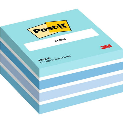 Stos karteczek samoprzylepnych Post-it® Notes (76 mm x 76 mm, 450 arkuszy/blok, 100% PEFC) firmy 3M Deutschland GmbH z naprzemiennie białymi i niebieskimi arkuszami z logo Post-it i napisem "notes" na górze.