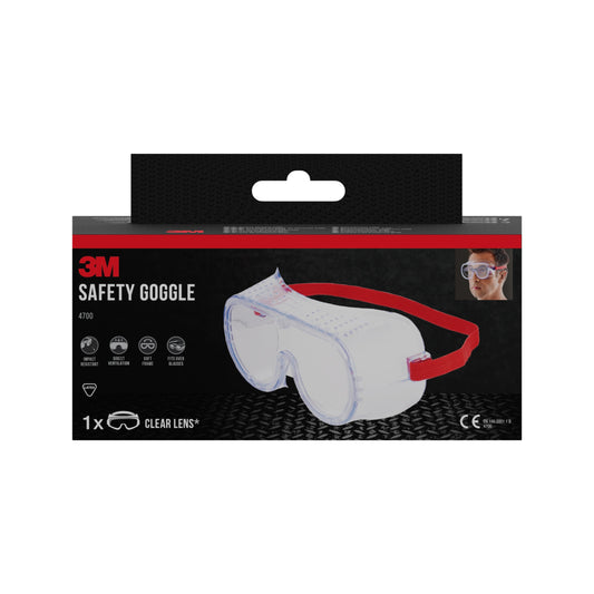 Gezeigt wird eine Packung der 3M™ Classic Schutzbrille 4700 von 3M Deutschland GmbH mit klarer Scheibe und direkter Belüftung. Die Verpackung zeigt Produktinformationen, Symbole und ein Bild einer Person, die die Schutzbrille trägt, in der oberen rechten Ecke.