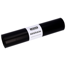 Eine schwarze Rolle EMIL DEISS KG (GmbH + Co.) Müllsäcke mit der Aufschrift "DEISS 95059 - 600x700 mm Typ 60 schwarz | Rolle (25 Stück)" liegt auf einem schlichten, hellen Hintergrund.