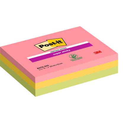Stos prostokątnych karteczek Post-it® Super Sticky Meeting Notes od 3M Deutschland GmbH w różnych kolorach (203 mm x 153 mm, 70 arkuszy/blok, 3 bloki/opakowanie), z superprzylepnymi notatkami wykonanymi z papieru certyfikowanego PEFC w 100% (SGSCH-PEFC-COC-110078).