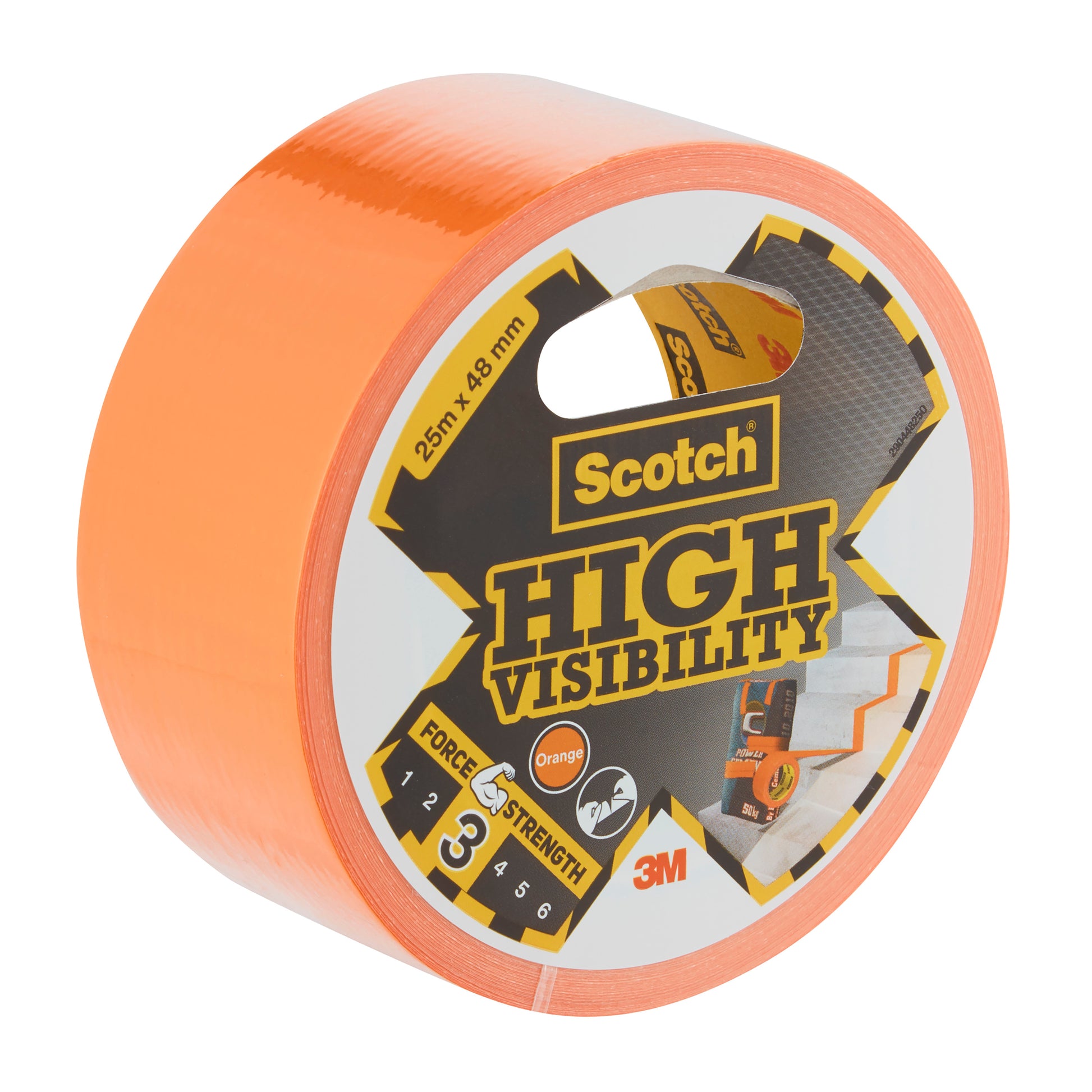 Eine Packung mit einer Rolle Scotch® High Visibility Klebeband, orange, 25 m x 48 mm, von 3M Deutschland GmbH, wird in einer teilgeöffneten Kartonhülle mit Produktinformation und Branding geliefert.