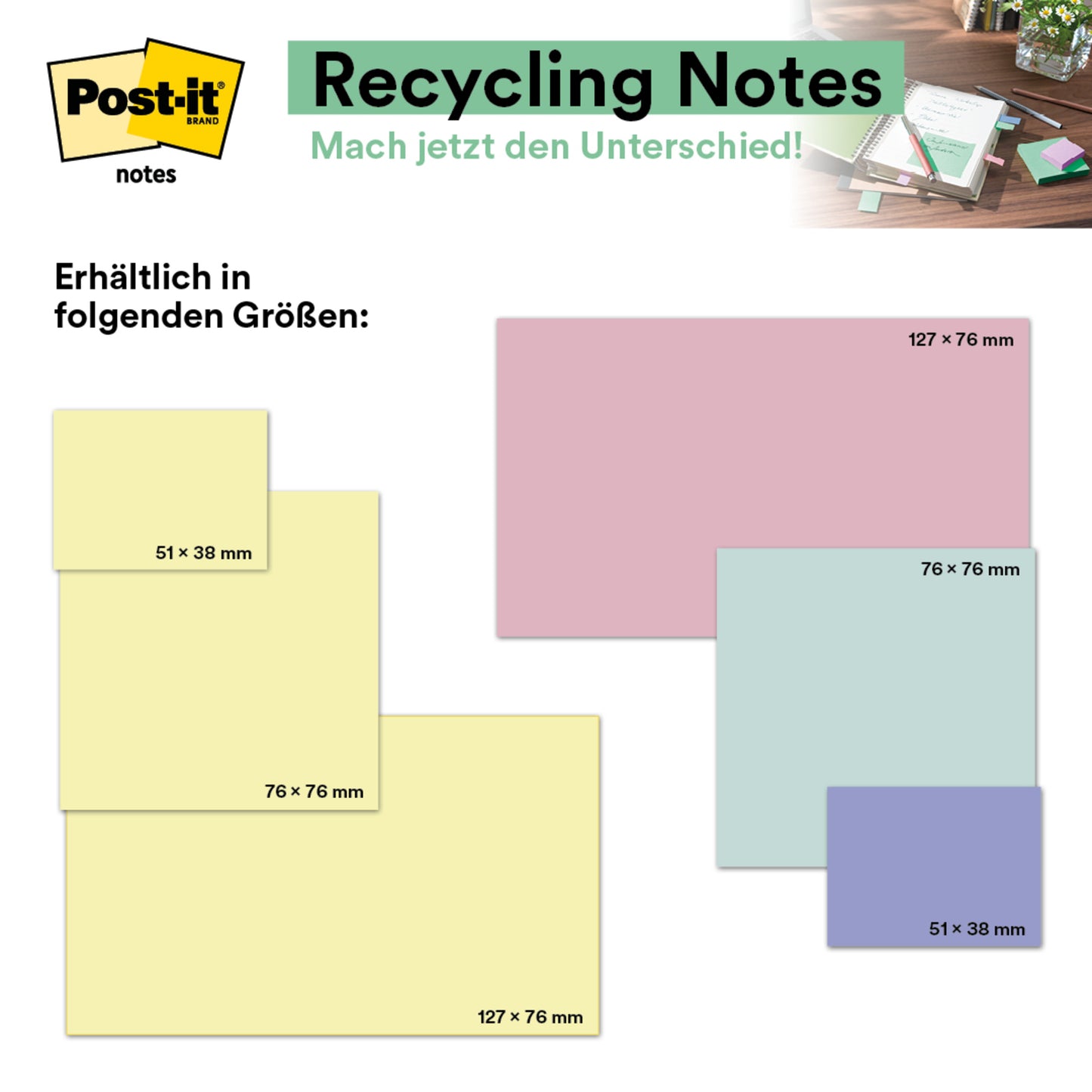 Grafika przedstawia Post-it® Recycling Notes (76 mm x 76 mm, 100 arkuszy/blok, 100% PEFC) firmy 3M Deutschland GmbH w różnych pastelowych kolorach i rozmiarach, w prawym górnym rogu zdjęcie stanowiska pracy.