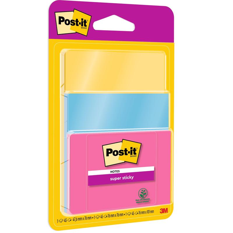 Opakowanie 3M Post-it® Super Sticky Notes, 3 bloki w różnych kolorach i rozmiarach, po 45 arkuszy, certyfikowane przez PEFC (SGSCH-PEFC-COC-110078), od 3M Deutschland GmbH.