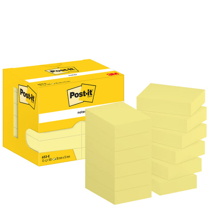 Żółte pudełko karteczek samoprzylepnych Post-it® Notes, Żółte, 38 mm x 51 mm, 100 kartek/blok, 12 bloków/opakowanie firmy 3M Deutschland GmbH jest przedstawione obok dziesięciu stosów żółtych notatek; oba mają logo Post-it i napis 3M.