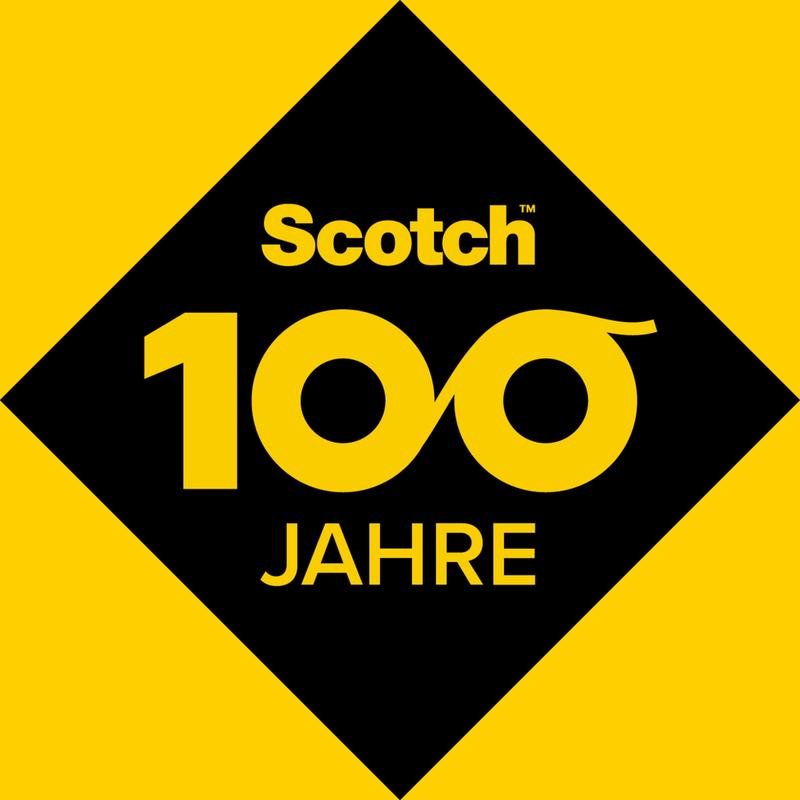 Czarny romb na żółtym tle pokazuje "Scotch 100 LAT" z "00" jako rolki taśmy klejącej, na cześć 100 lat przezroczystej taśmy klejącej. Produkt: taśma klejąca Scotch® Crystal 6-1925R3 (19 mm x 25 m, 3 rolki), od 3M Deutschland GmbH.