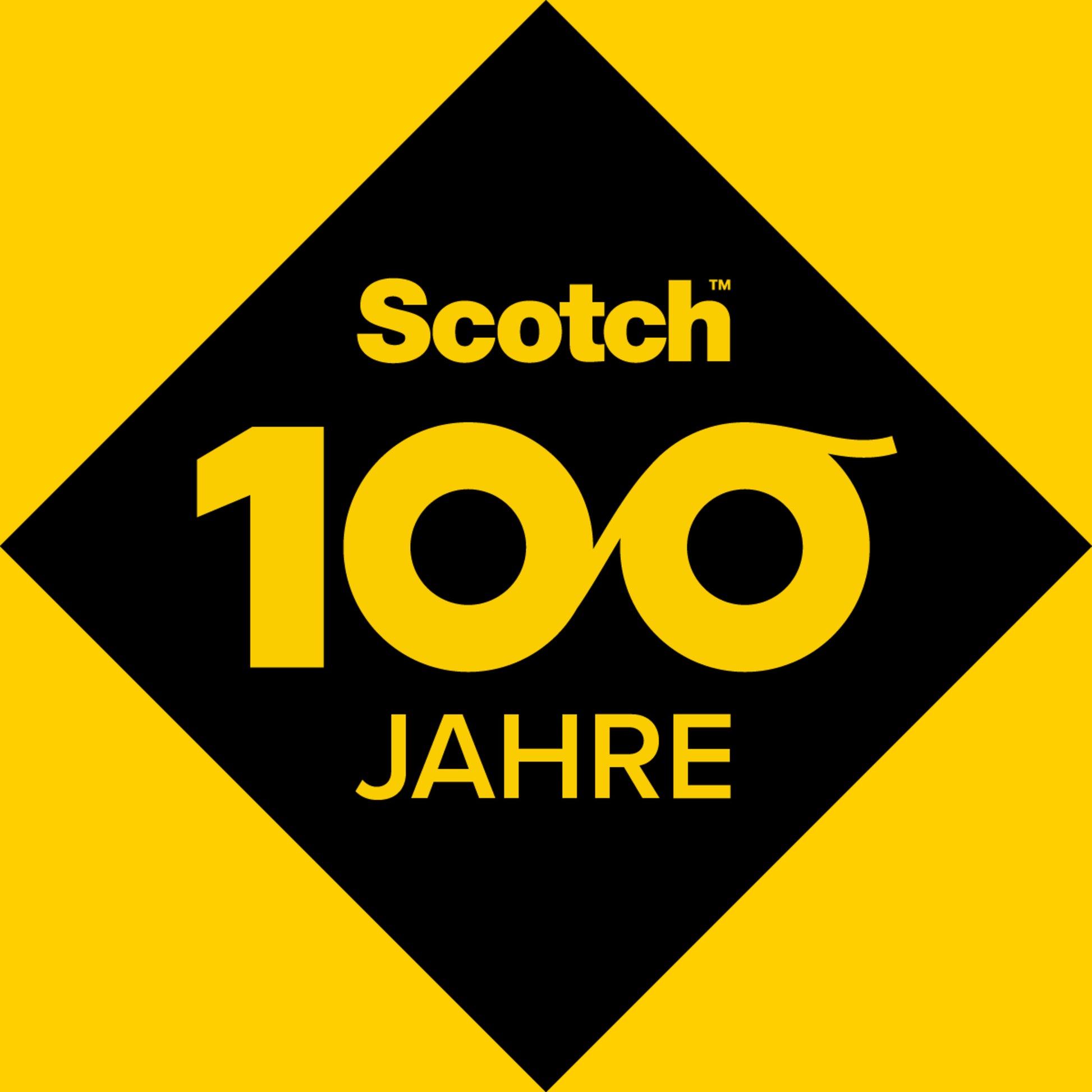 Eine schwarze Raute mit gelber Schrift "Scotch 100 JAHRE" (mit Unendlichkeitssymbolen als Nullen) auf gelbem Hintergrund feiert Scotch® Crystal Klebeband von 3M Deutschland GmbH, Nachfüllpackung, 19 mm x 7,5 m, 2 Rollen.