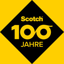 Eine schwarze Raute auf Gelb zeigt "Scotch 100 Jahre" in Gelb; die "00" in "100" ist wie eine Rolle Scotch® Aluminium-Klebeband 47011548, 48 mm x 15 m (3M Deutschland GmbH) gestaltet.