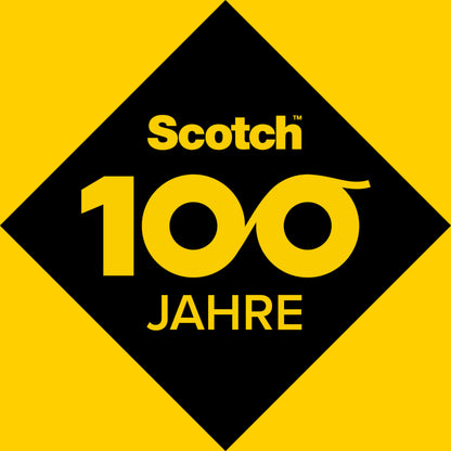 Eine schwarze Raute auf gelbem Grund zeigt oben "Scotch", unten "100" und "JAHRE", zum 100-jährigen Bestehen des 3M Deutschland Scotch® Permanent-Klebestiftes, Aufsteller mit 12 Stiften, 40 g.