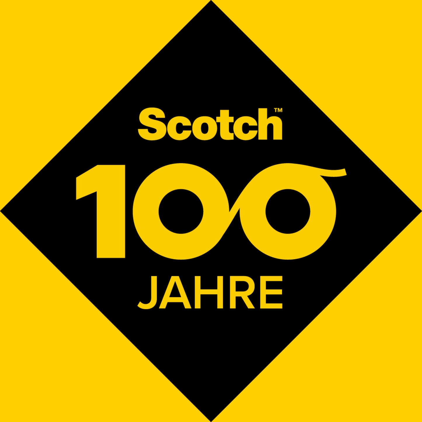 Żółto-czarna grafika świętuje 100 lat Scotch™, z logo 3M Deutschland GmbH, "100" stylizowane jako taśma klejąca i "Jahre" poniżej, co podkreśla Scotch™ Karim Rashid Tischabroller.