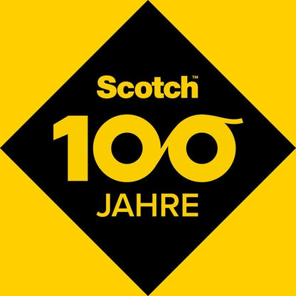 Czarny romb z żółtymi krawędziami pokazuje tekst "Scotch 100 LAT" w żółtym kolorze - z pętlą nieskończoności dla "00" - dla taśmy klejącej Scotch® Crystal 6-1925D (19 mm x 25 m) od 3M Deutschland GmbH na ręcznym podajniku.