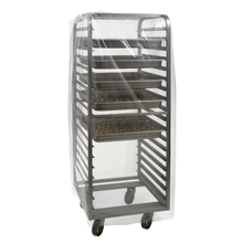 Ein Bäckereiregal aus Metall mit mehreren Fächern wird von einer transparenten Hordenwagenabdeckung DEISS 99261 (950+750x1800x0,03 mm) der EMIL DEISS KG abgedeckt, die die Lebensmittelsicherheit in einem schlichten Weiß hervorhebt.