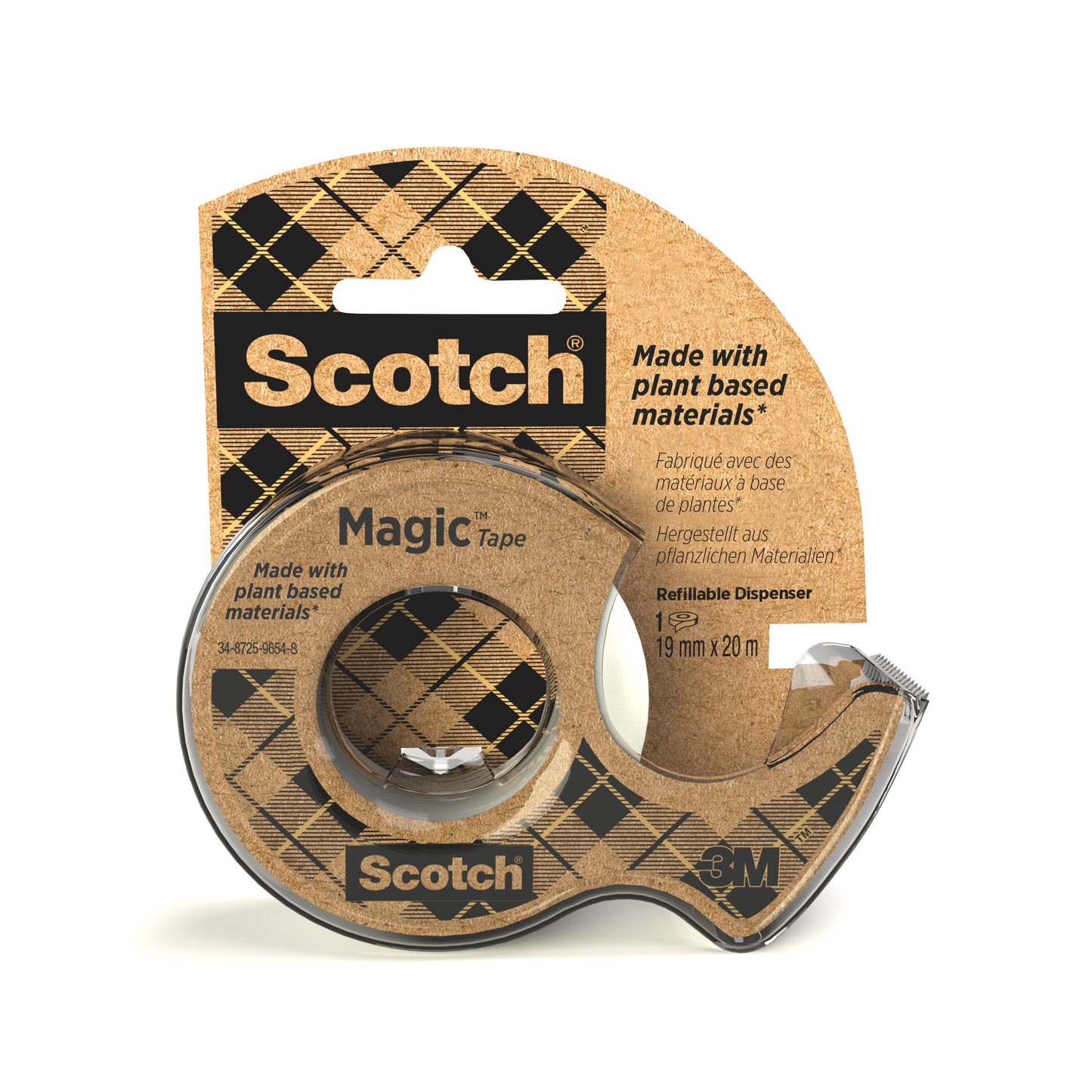 Das Scotch® Magic™ Klebeband von 3M Deutschland GmbH enthält 66 % pflanzlichen Klebstoff, ist 19 mm x 20 m groß und wird mit einem Nachfüll-Abroller aus Recyclingmaterial geliefert. Die Verpackung hat ein braunes Karo-Design.