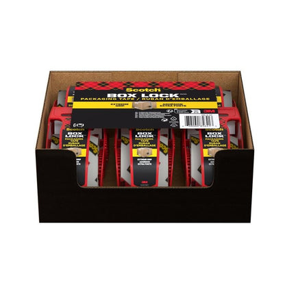 Brązowy karton ekspozycyjny zawiera sześć opakowań taśmy pakowej Scotch® Box Lock™ 48 mm x 20,3 m od 3M Deutschland GmbH, każda z czerwonym podajnikiem i żółto-czarną etykietą, ustawione pionowo i z widocznym brandingiem.