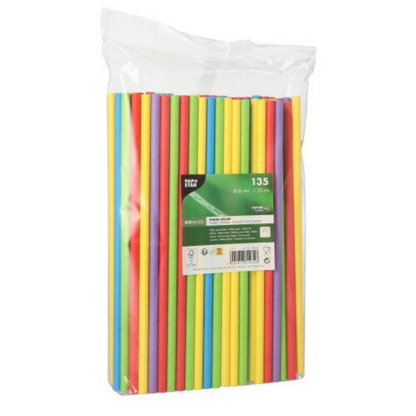 Przezroczysta torebka ze 135 kolorowymi, ekologicznymi słomkami do picia w kolorach czerwonym, żółtym, zielonym i niebieskim firmy PAPSTAR GmbH. Opakowanie jest wyposażone w widoczną etykietę informacyjną o produkcie.