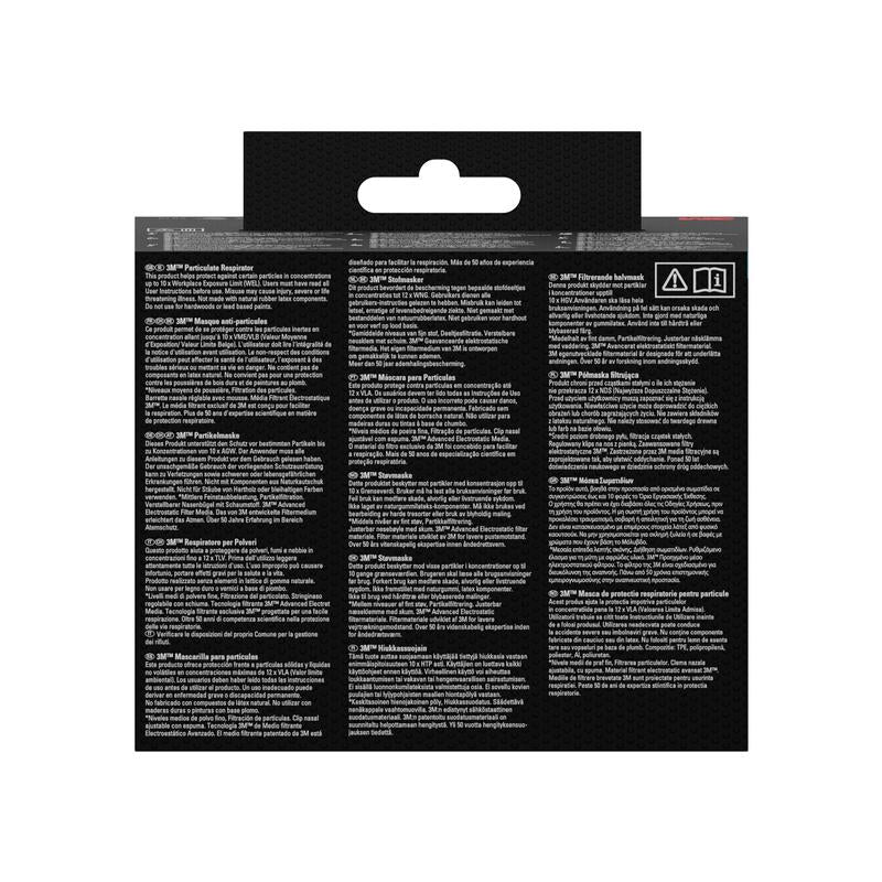 Tył opakowania maski cząsteczkowej 3M™ 8710E, FFP1, bez zaworu od 3M Deutschland GmbH z instrukcjami bezpieczeństwa i informacjami w kilku językach na czarnym tle z białym tekstem oraz symbolami recyklingu i suszenia.