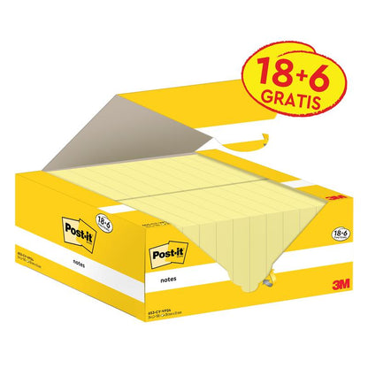 Otwarty karton karteczek Post-it® Notes, żółtych (38 mm x 51 mm, 100 arkuszy/blok), firmy 3M Deutschland GmbH, ukazuje kilka żółtych karteczek; opakowanie oferuje 18 bloków + 6 gratis i nosi znak ekologiczny PEFC.