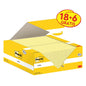 Otwarty karton karteczek Post-it® Notes, żółtych (38 mm x 51 mm, 100 arkuszy/blok), firmy 3M Deutschland GmbH, ukazuje kilka żółtych karteczek; opakowanie oferuje 18 bloków + 6 gratis i nosi znak ekologiczny PEFC.
