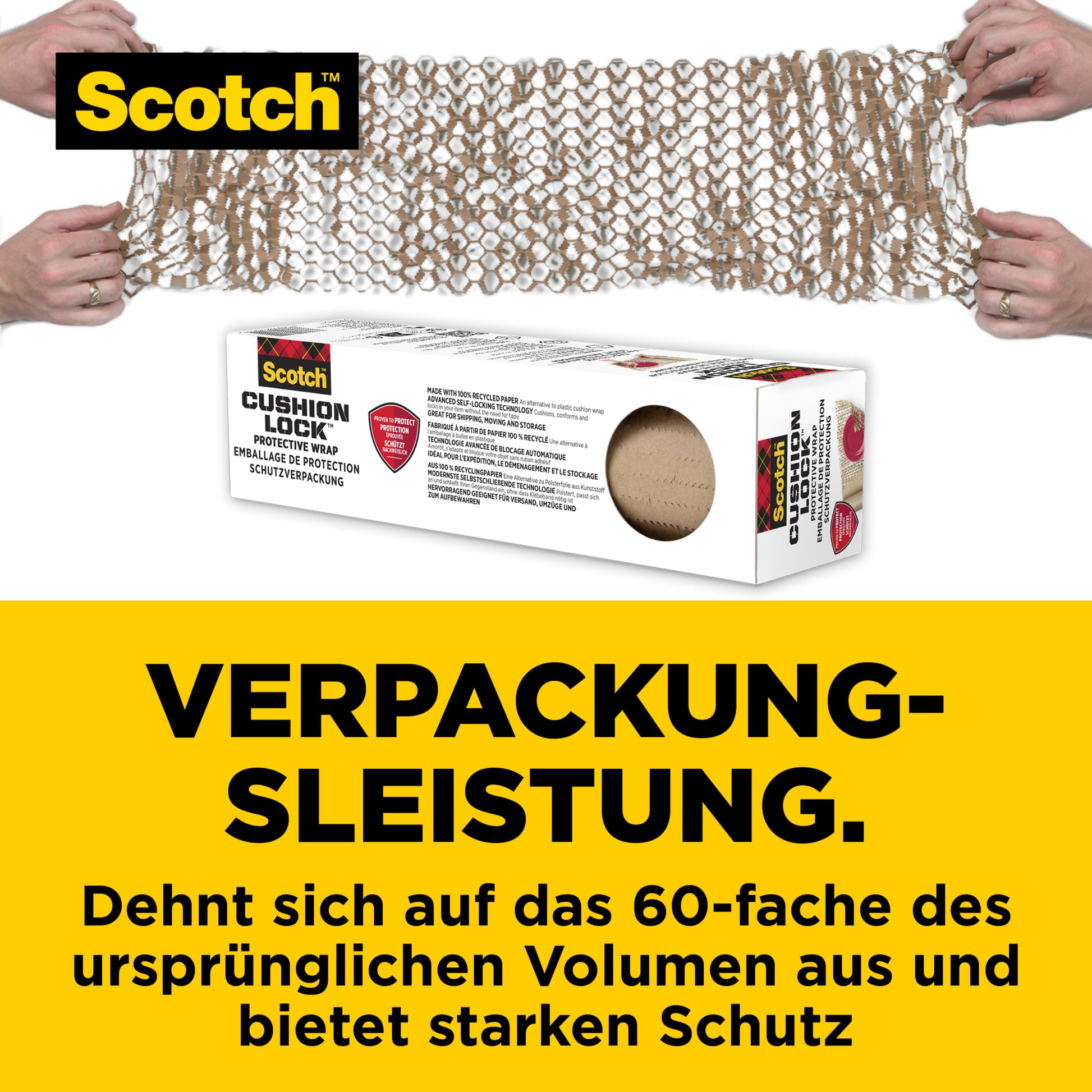 Zwei Hände dehnen die Scotch™ Cushion Lock™ Schutzverpackung (30,4 cm x 9,14 m, 1 Rolle) von 3M Deutschland GmbH in Netzform über eine Box. Text: "Dehnt sich auf das 60-Fache aus und schützt zuverlässig.