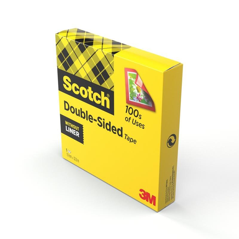 Żółte pudełko taśmy dwustronnej Scotch® (1 rolka, 19 mm x 33 m) od 3M Deutschland GmbH, idealna do potrzeb artystycznych, pokazuje etykietę i kartkę z kwiatami - bez podkładu.