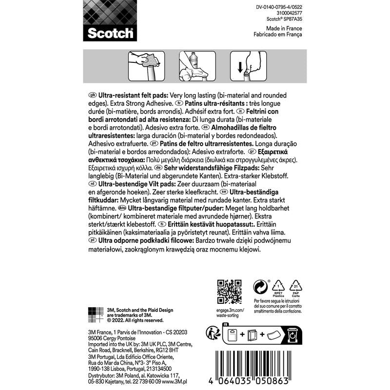 Tył opakowania 3M Deutschland GmbH Scotch® Ekstremalnie Wytrzymałe Podkładki Filcowe SP87A35 (Ø 25mm, szaro/białe, 8 sztuk), z wielojęzycznymi informacjami o sile klejenia, trwałości, a także kodem kreskowym i symbolami w prawym dolnym rogu.