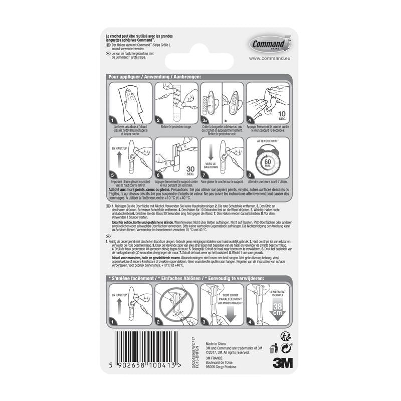 Tył opakowania metalowych haków Command™ "klasycznych" (3M Deutschland GmbH) z ilustrowaną instrukcją krok po kroku w kilku językach dotyczącą prawidłowego użycia i usuwania oraz ostrzeżeniami i informacjami o produkcie na dole.