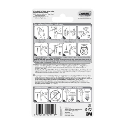Tył opakowania metalowych haków Command™ "klasycznych" (3M Deutschland GmbH) z ilustrowaną instrukcją krok po kroku w kilku językach dotyczącą prawidłowego użycia i usuwania oraz ostrzeżeniami i informacjami o produkcie na dole.
