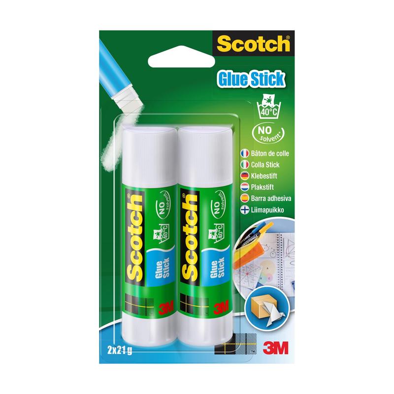 Opakowanie zawierające dwa kleje w sztyfcie Scotch® Permanent 21g od 3M Deutschland GmbH, w plastikowym blistrze z zielonym i niebieskim tłem karty, wielojęzycznym tekstem i logo 3M w prawym dolnym rogu.