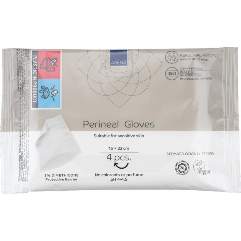 Opakowanie (4 sztuki) perinealnych rękawiczek od Abena Re-Seller GmbH: testowane dermatologicznie, wegańskie, bez barwników i perfum, z ochronną barierą - idealne do pielęgnacji perinealnej, odpowiednie dla wrażliwej skóry.